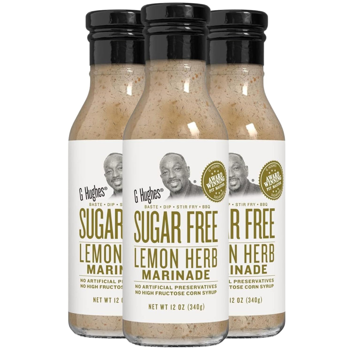 G Hughes front packaging showing three bottles and clear product branding and convenience