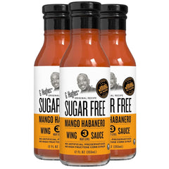 G Hughes front packaging showing three 12 oz bottles and bold mango habanero label for pantry convenience