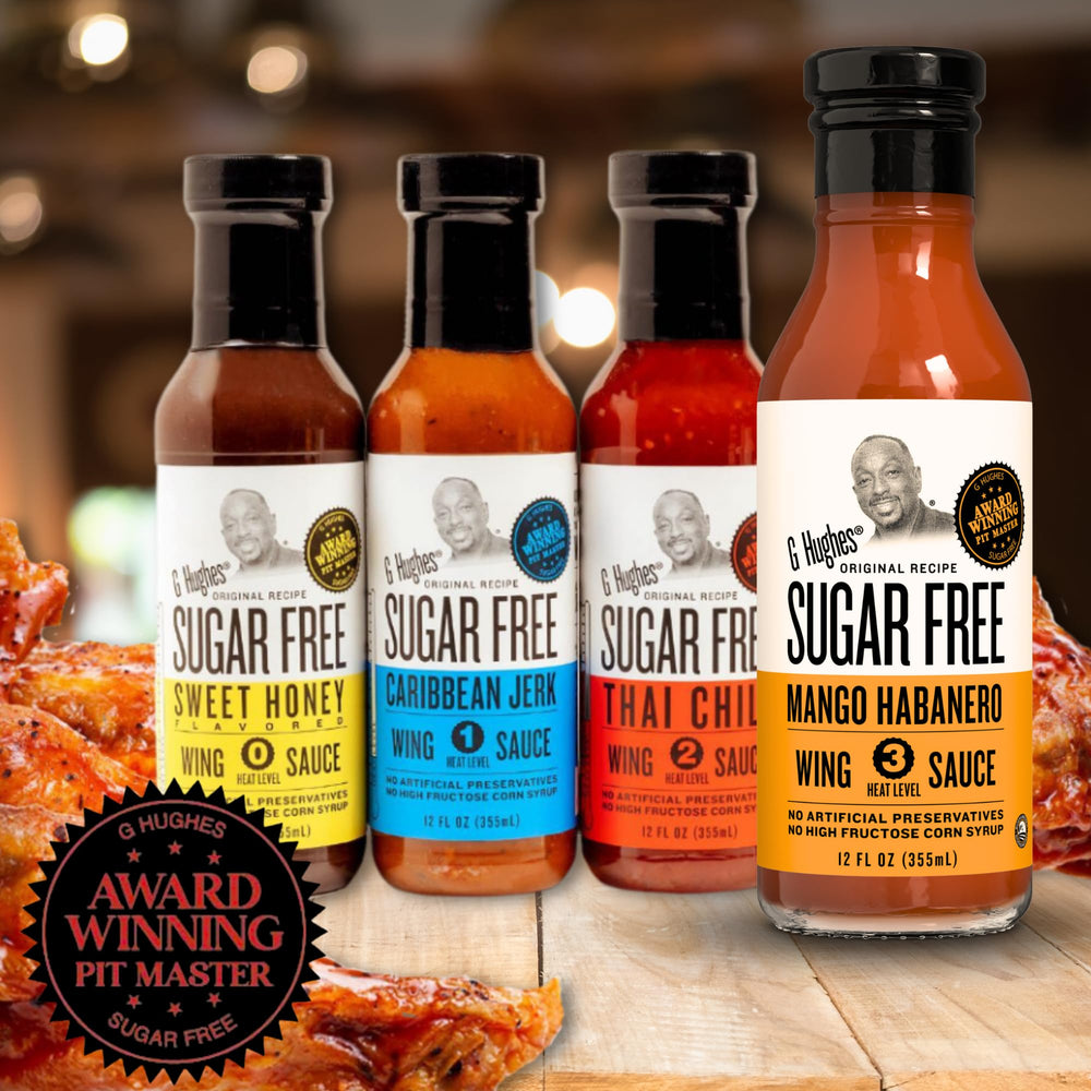 Bottle label close-up of G Hughes Mango Habanero highlighting sugar-free and gluten-free claims for informed buyers