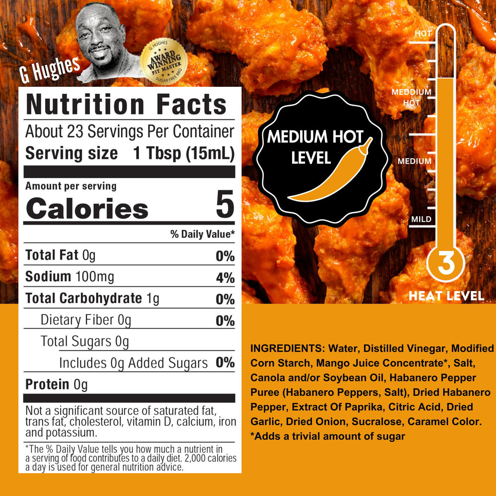 Grilled chicken wings coated in G Hughes Mango Habanero sauce showing sticky caramelized finish and appetizing color