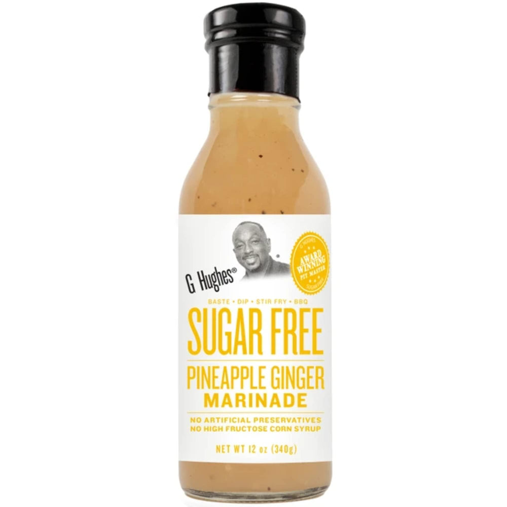 G Hughes bottle front packaging showing vibrant pineapple ginger flavor and sugar free benefit