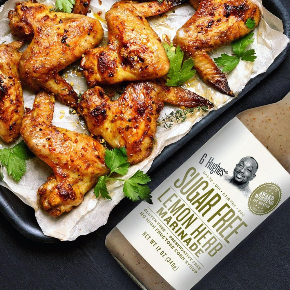 G Hughes pour texture close-up showing marinade viscosity and even coating benefit