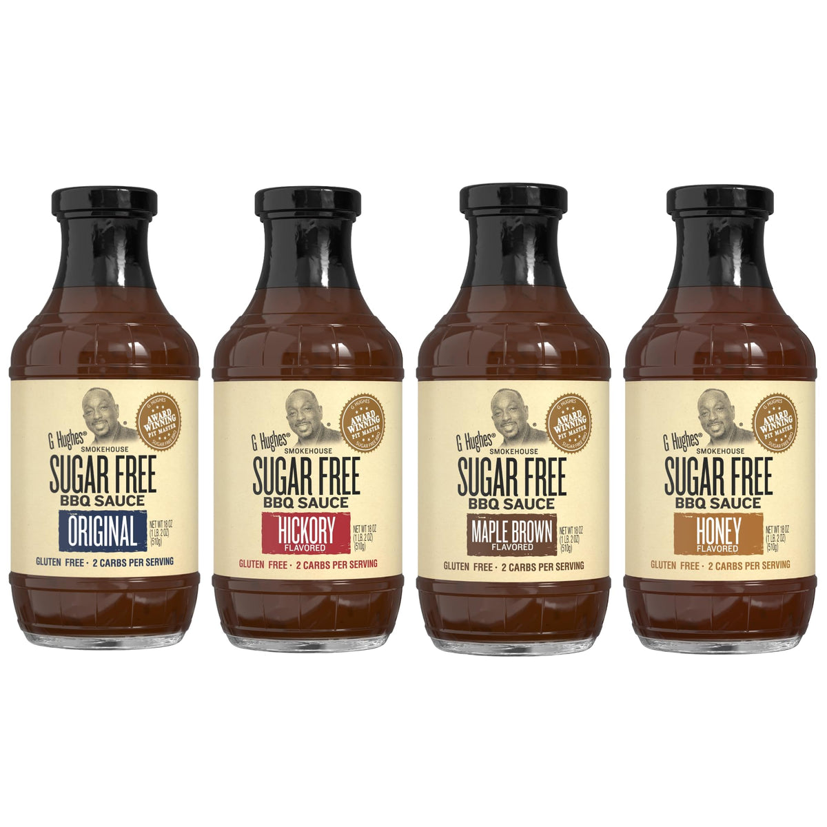 G Hughes variety pack front view showing four 18 oz bottles and clear labels for easy selection