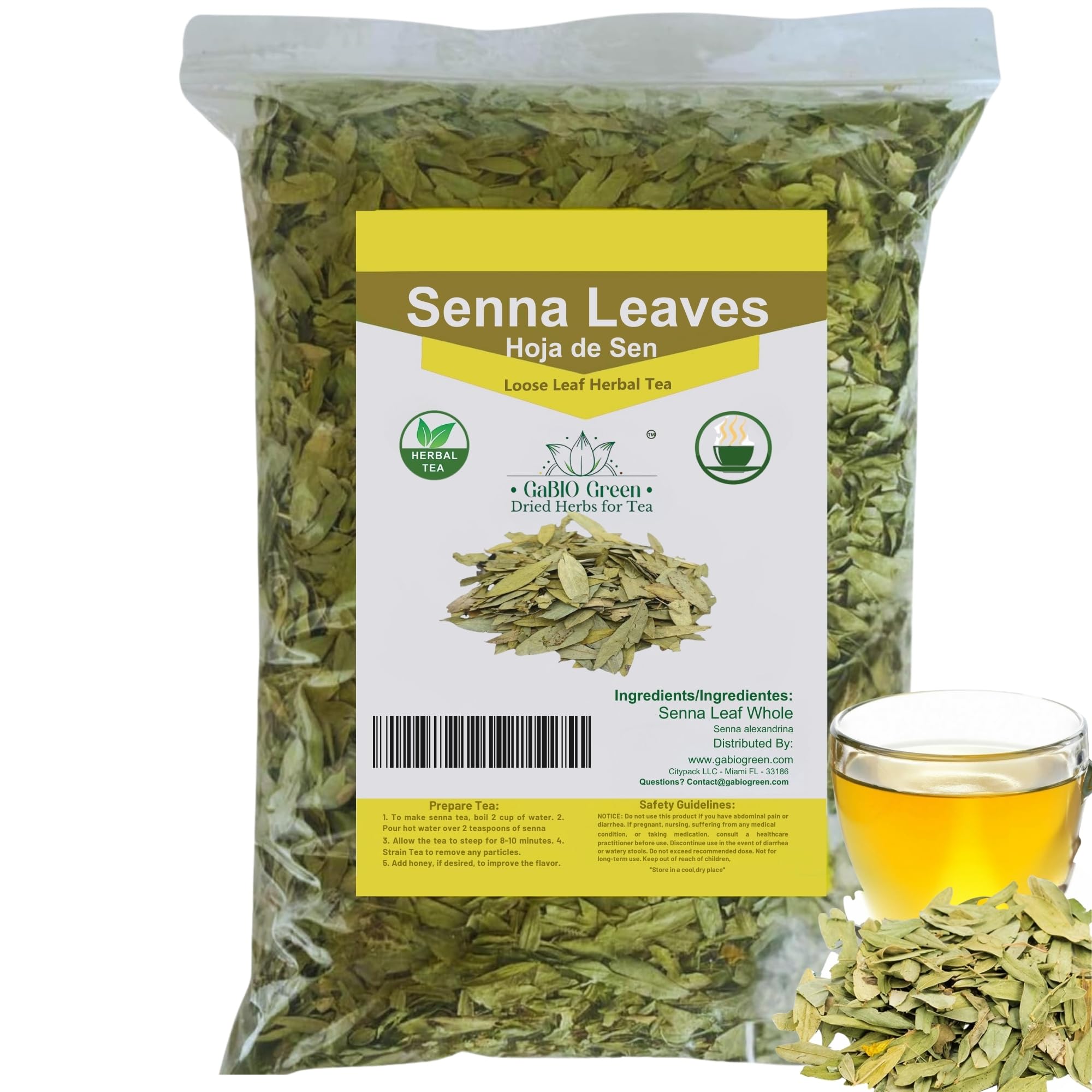 Gabio Green front packaging of 4oz senna leaves showing product pouch and branding benefit