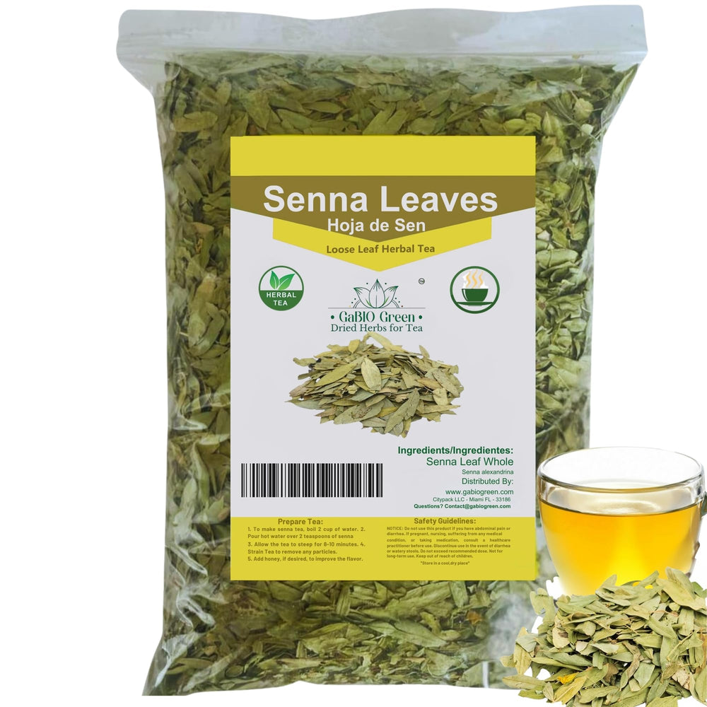 Gabio Green front packaging of 4oz senna leaves showing product pouch and branding benefit