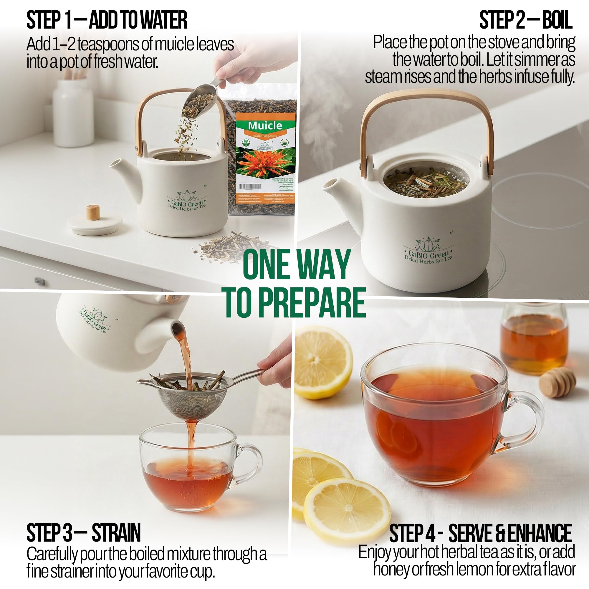 Spoon scooping Gabio Green Muicle loose leaf tea to measure accurate brewing portions