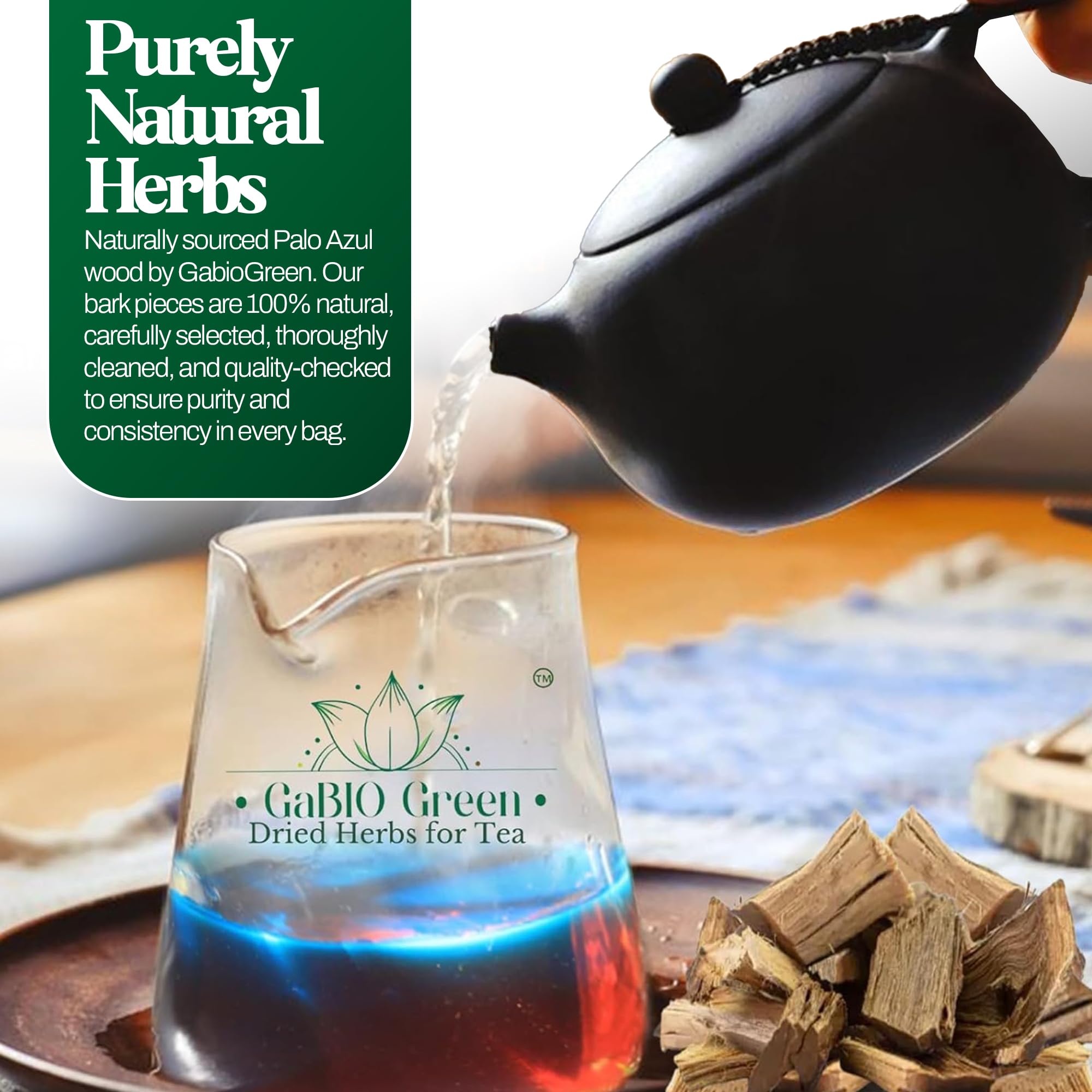 Gabio Green lifestyle kitchen scene with brewed palo azul tea and garnish for serving ideas