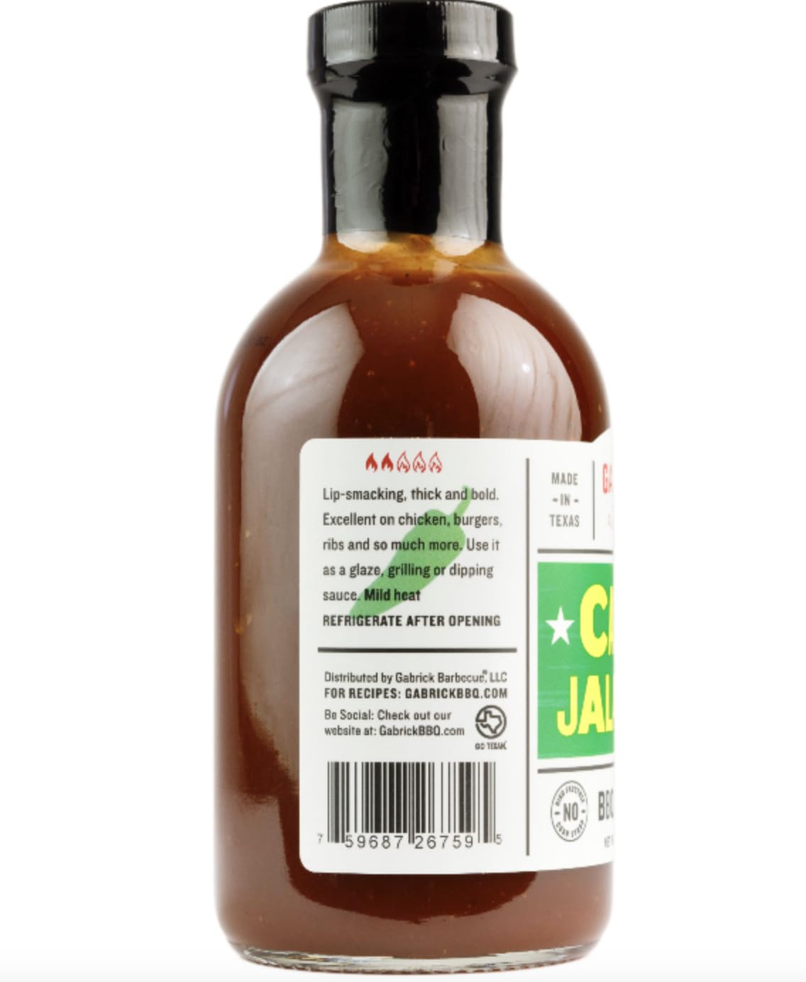 Label close-up of Gabrick Barbecue Candy Jalapeño highlighting ingredient claims and clean formulation benefit