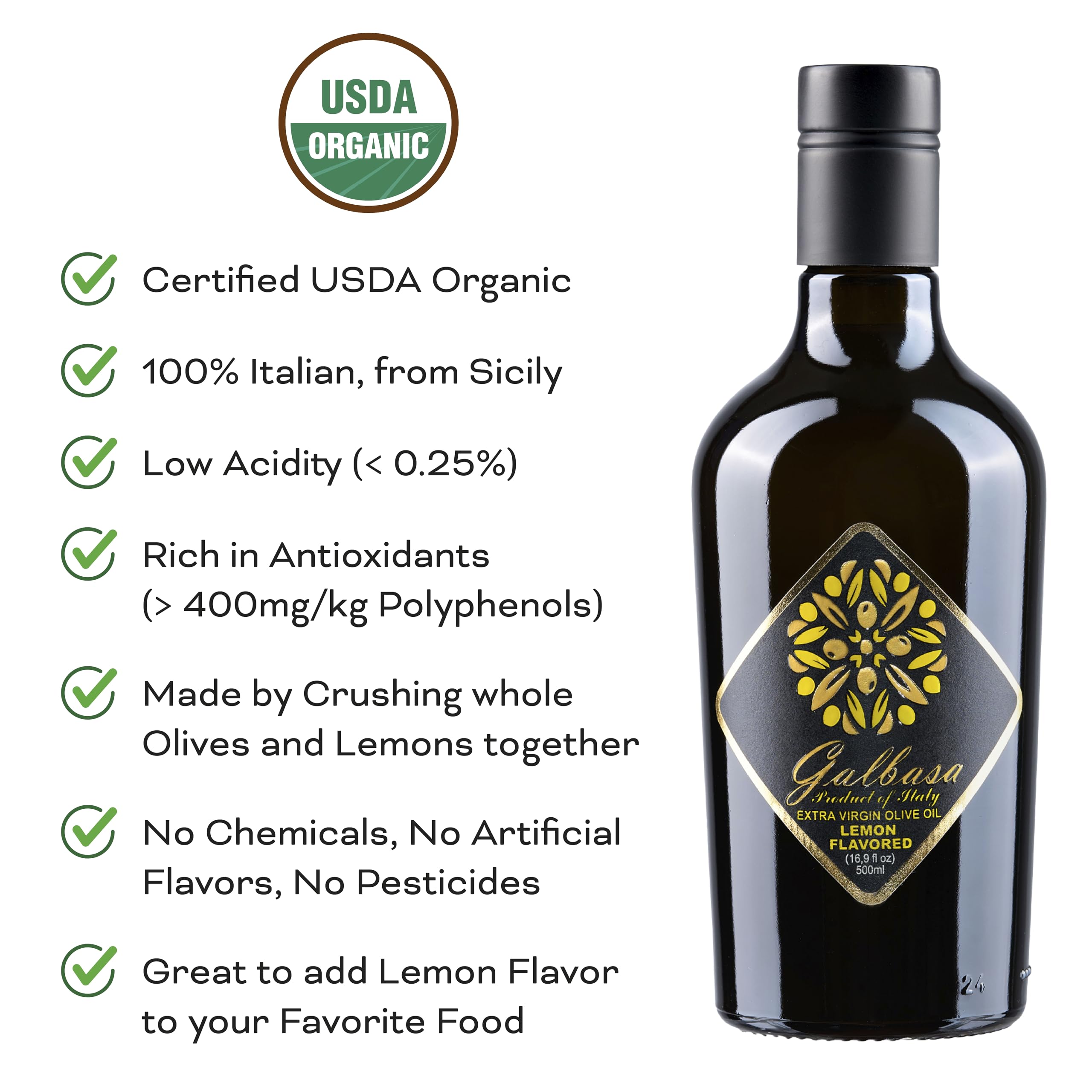 GALBASA dark glass bottle label close-up highlights organic and award details