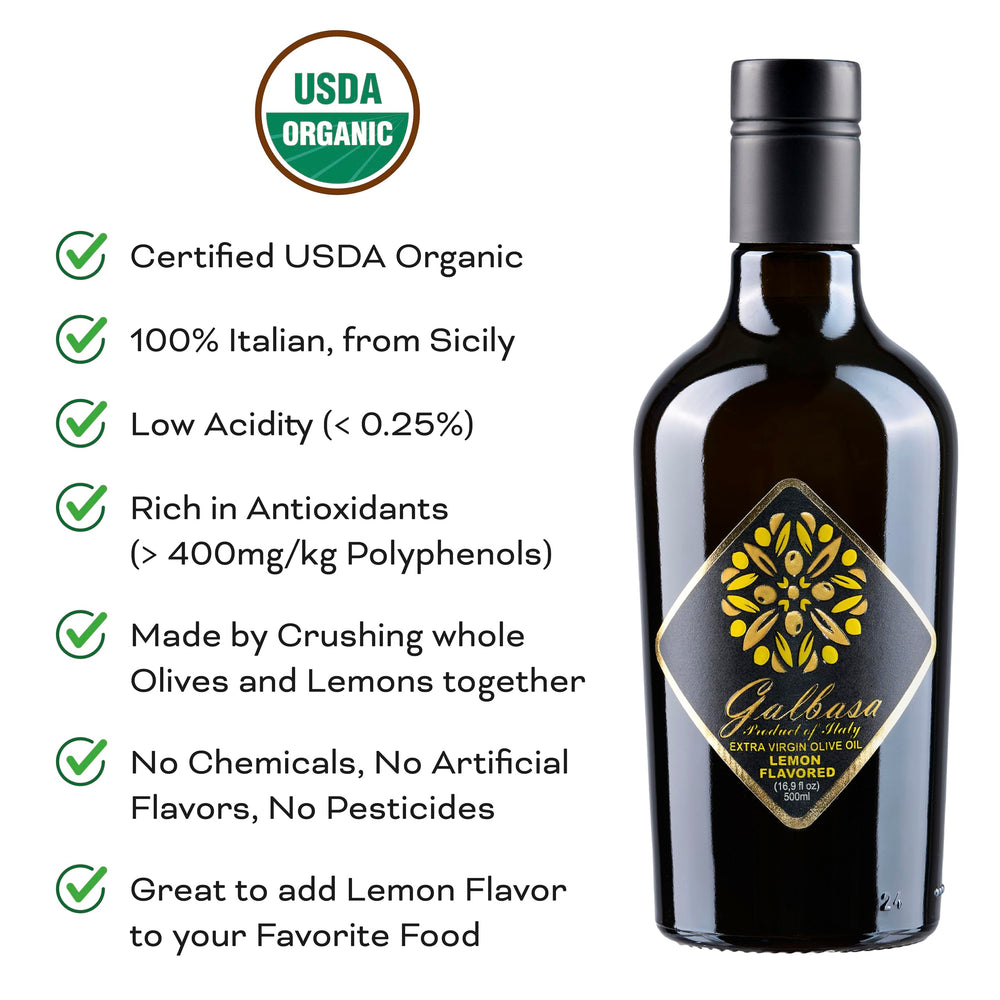 GALBASA dark glass bottle label close-up highlights organic and award details