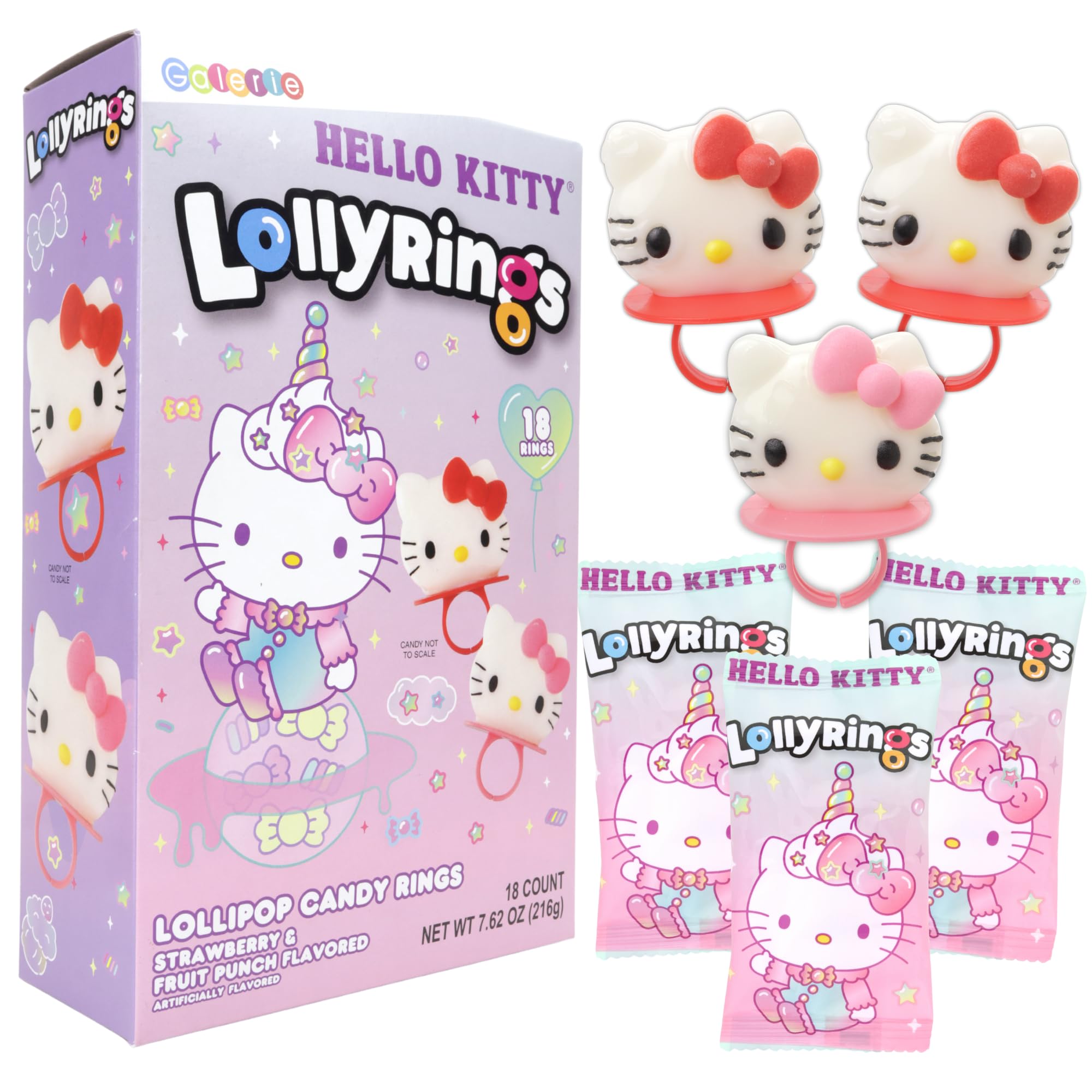 Galerie Hello Kitty front packaging showing box of 18 rings and colorful design benefits easy gifting