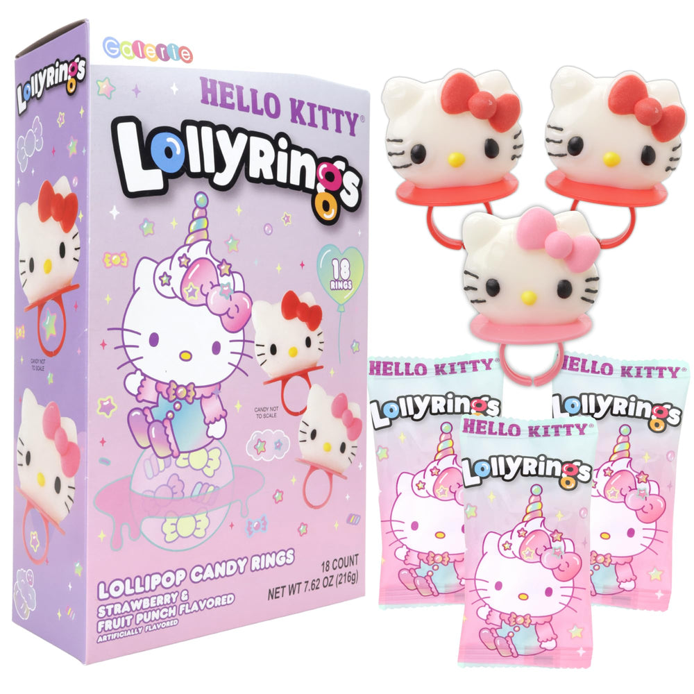 Galerie Hello Kitty front packaging showing box of 18 rings and colorful design benefits easy gifting