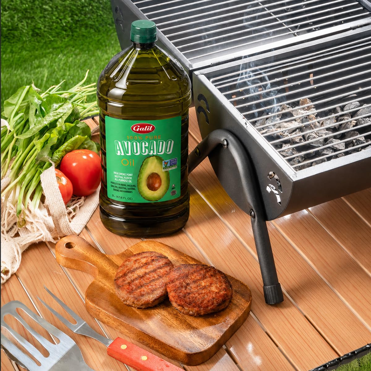 Galil bottle in ingredient flatlay with herbs showing versatility for recipes