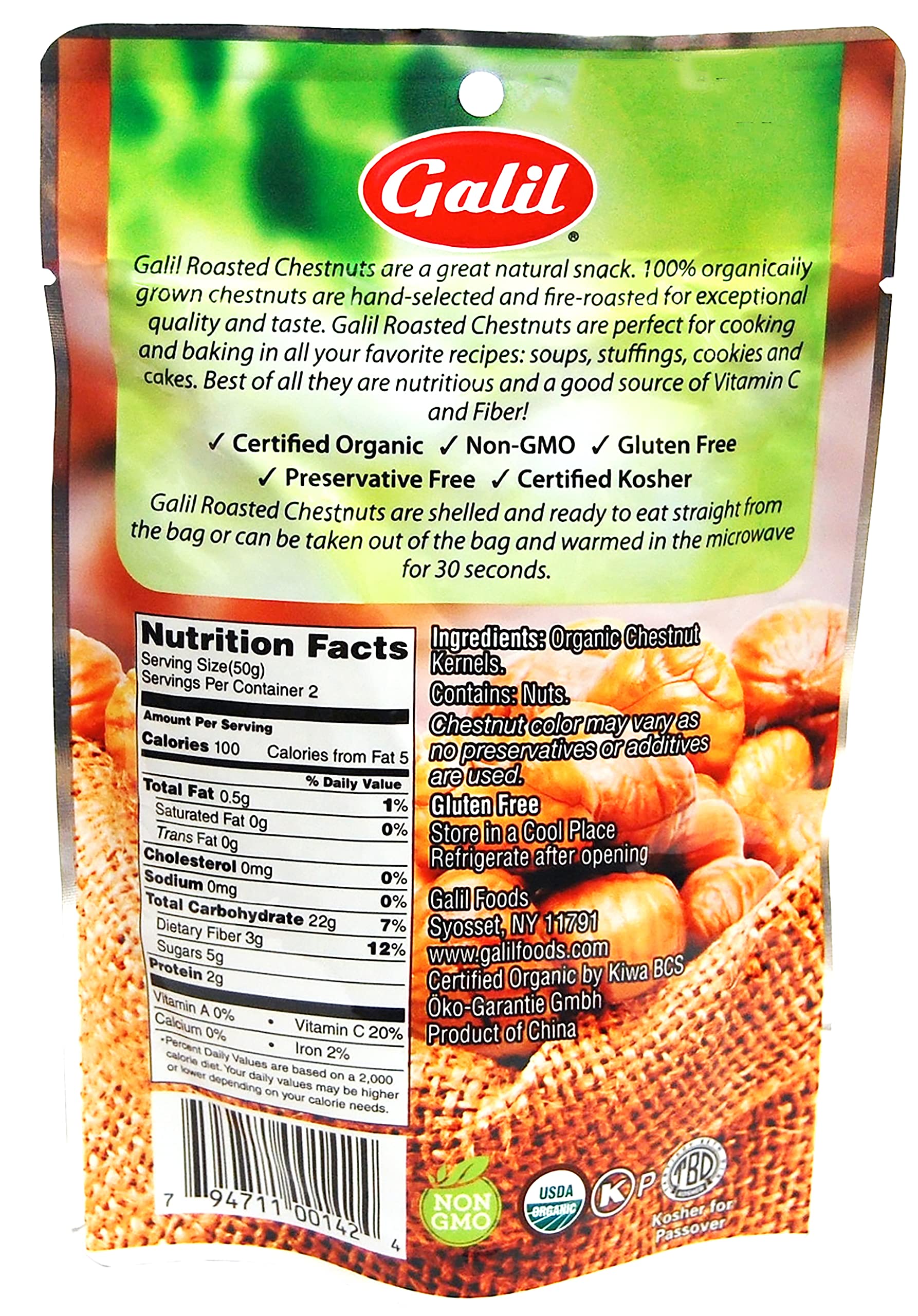 Galil open bag of shelled chestnuts ready to eat for quick snacks
