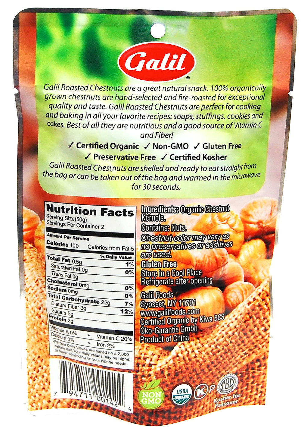 Galil open bag of shelled chestnuts ready to eat for quick snacks