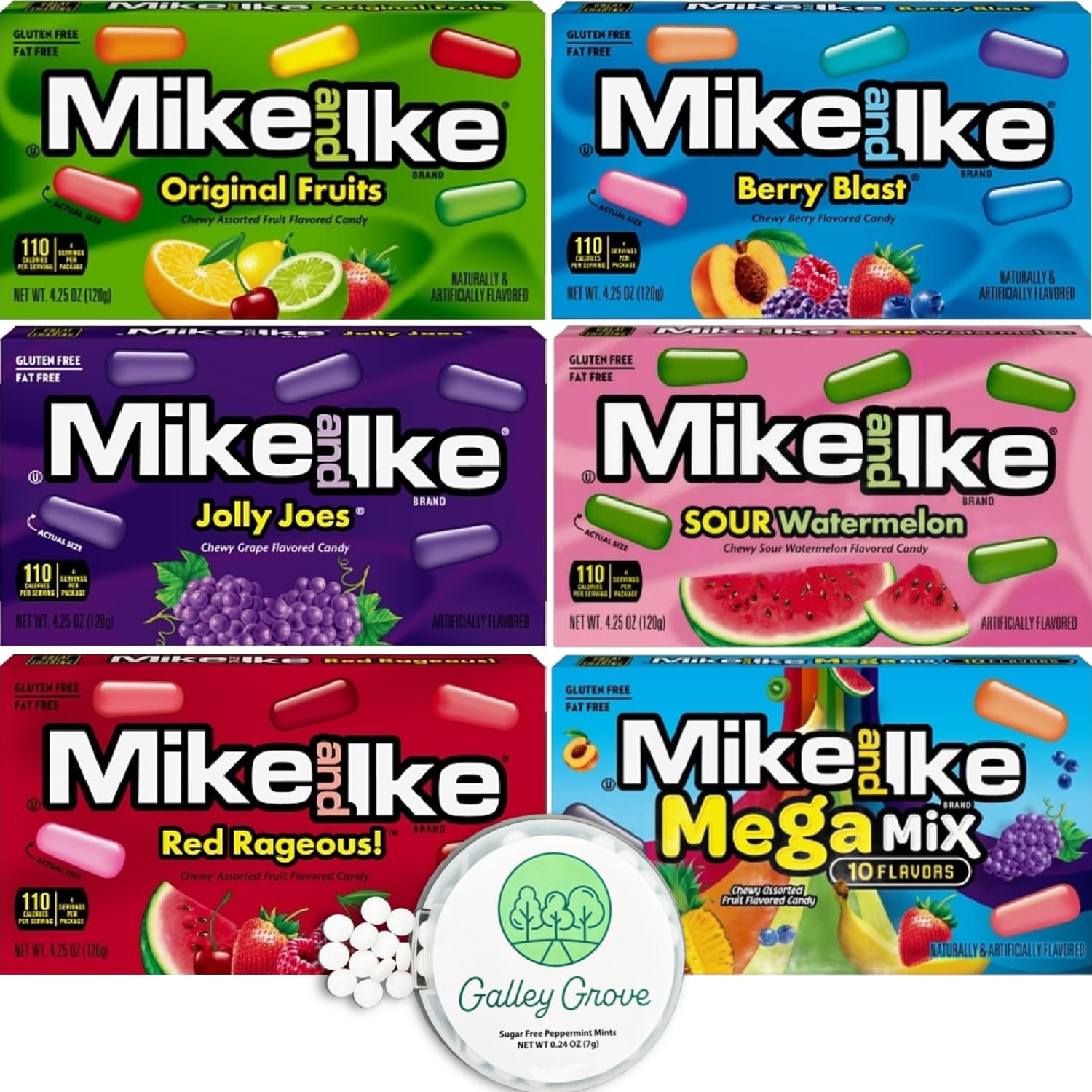 Galley Grove front-packaging showing six Mike Ike theater boxes and included mints for sharing