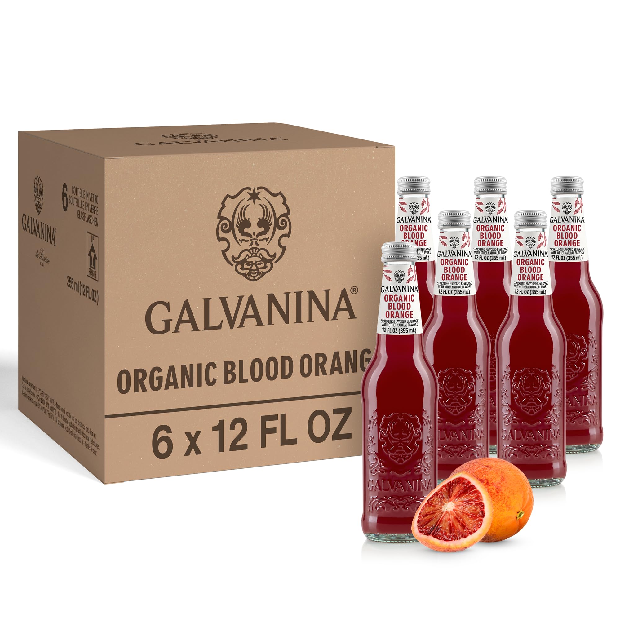 Galvanina bottle front packaging showing organic blood orange branding and premium look