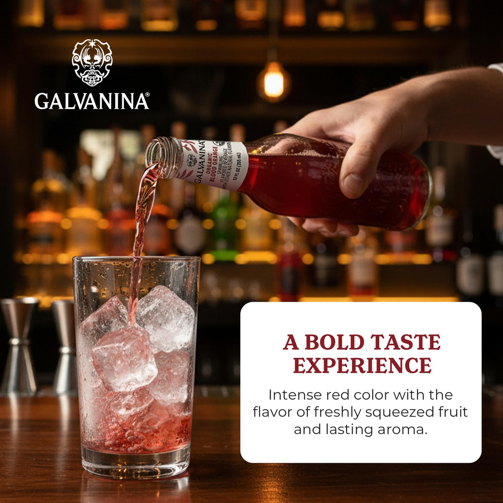 Galvanina soda pouring into a glass with bubbles for a refreshing citrus serving