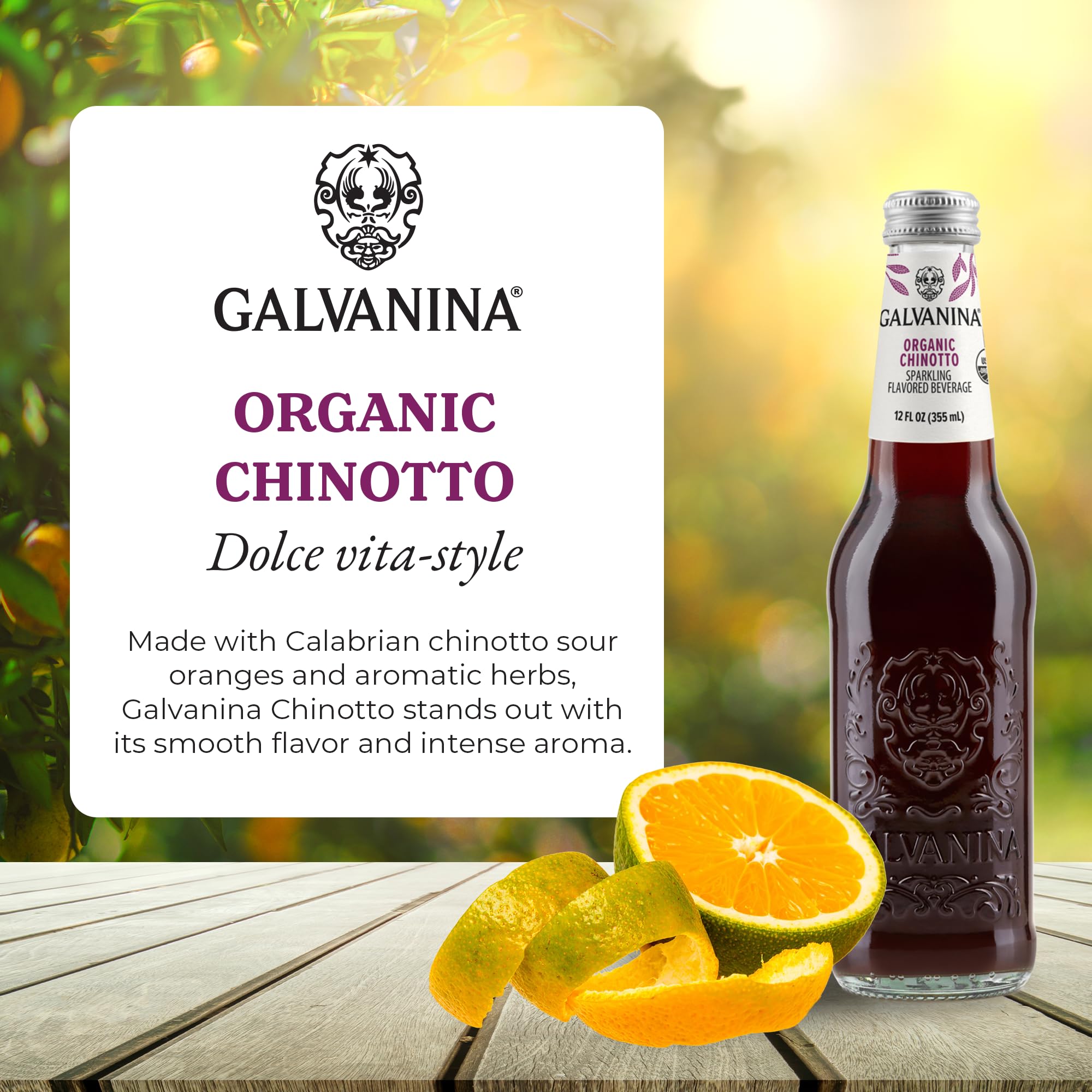 Galvanina glass bottle closeup highlighting label and premium glass