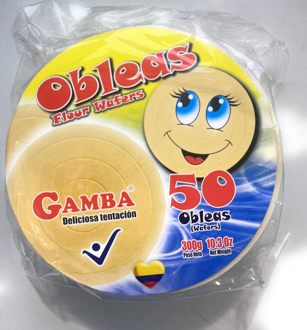 Gamba front packaging showing 50-count obleas and convenient value