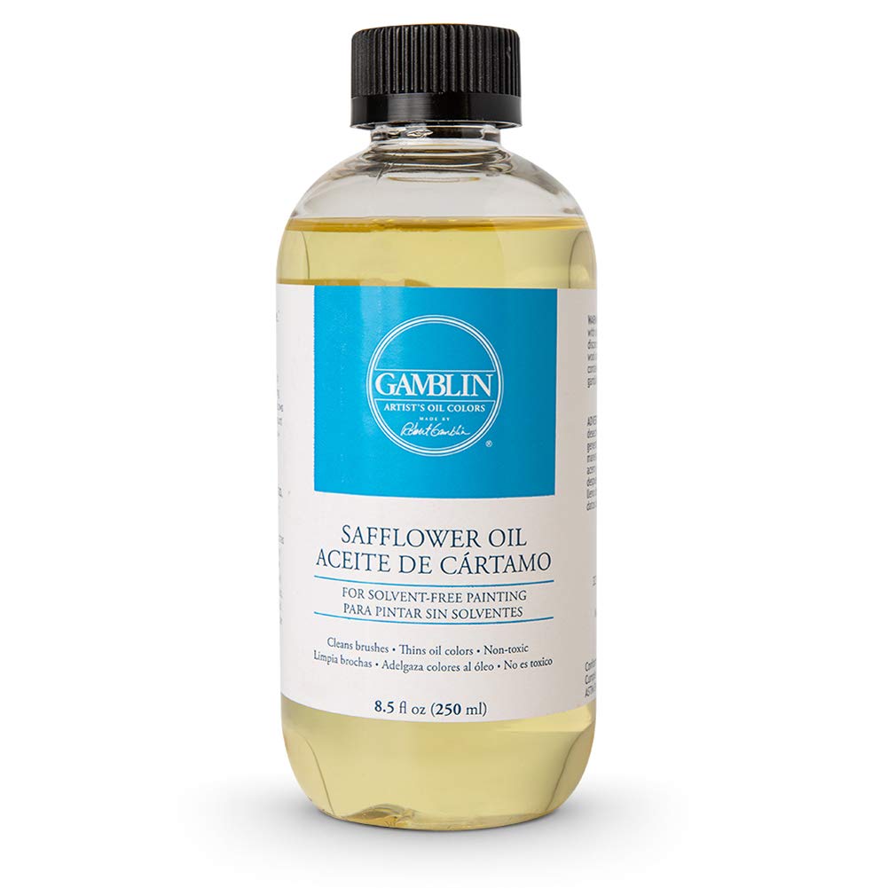 Gamblin safflower oil front bottle showing label, non-yellowing medium for bright whites