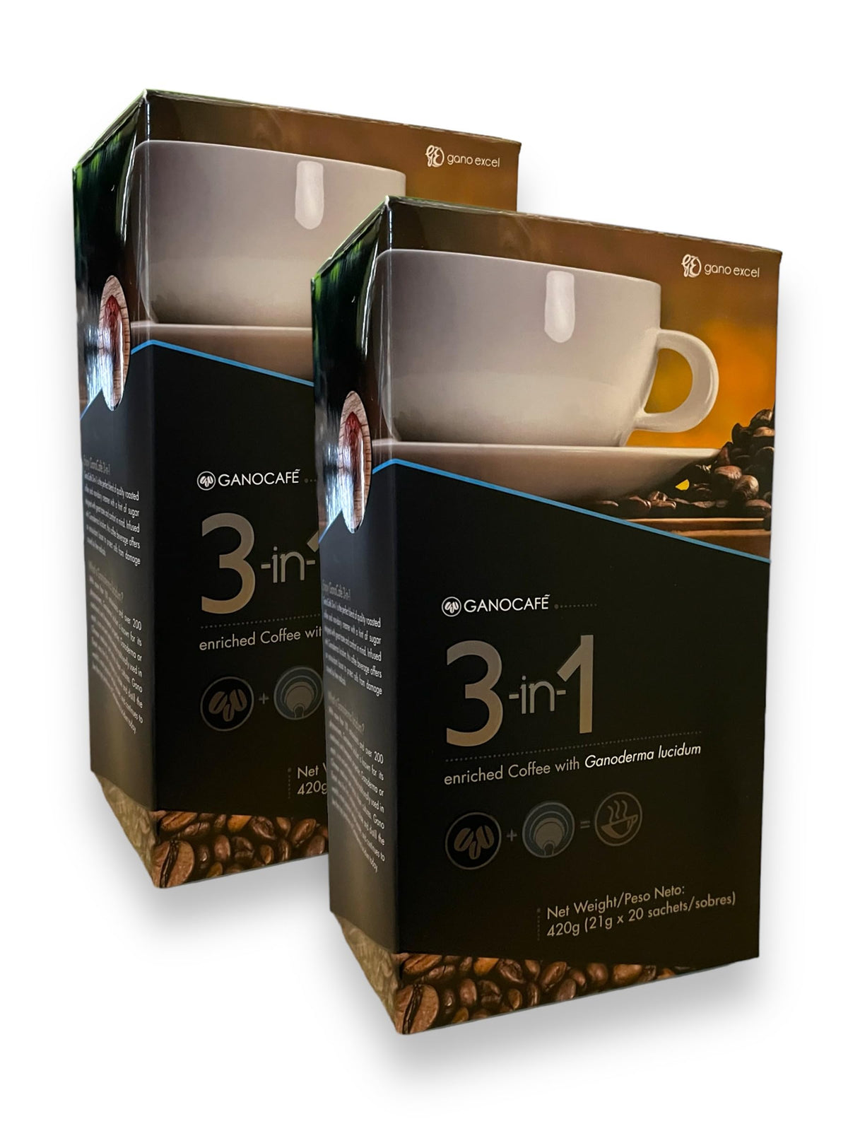 Generic GanoCafé front packaging showing brand and 20 sachets, convenient storage