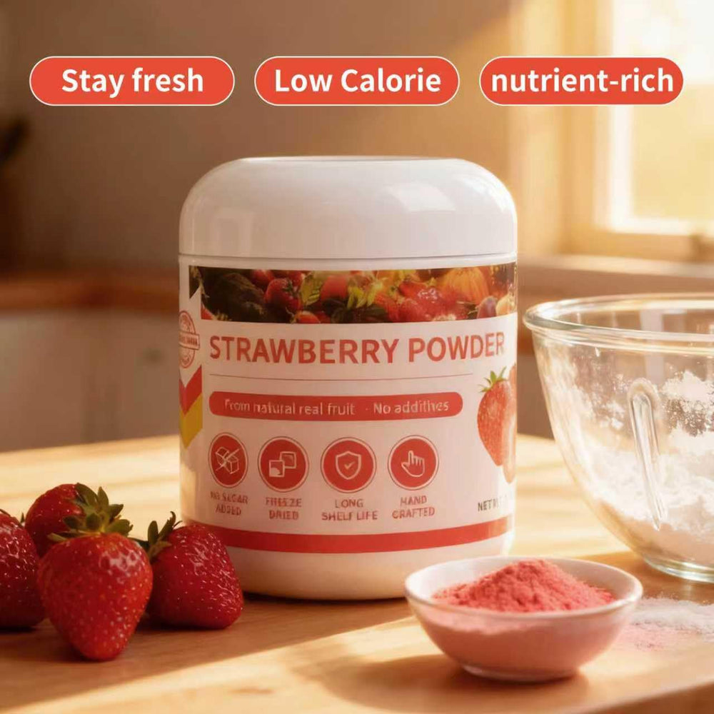 GaoGaoFen powder mixed in smoothie, bright strawberry flavor and color