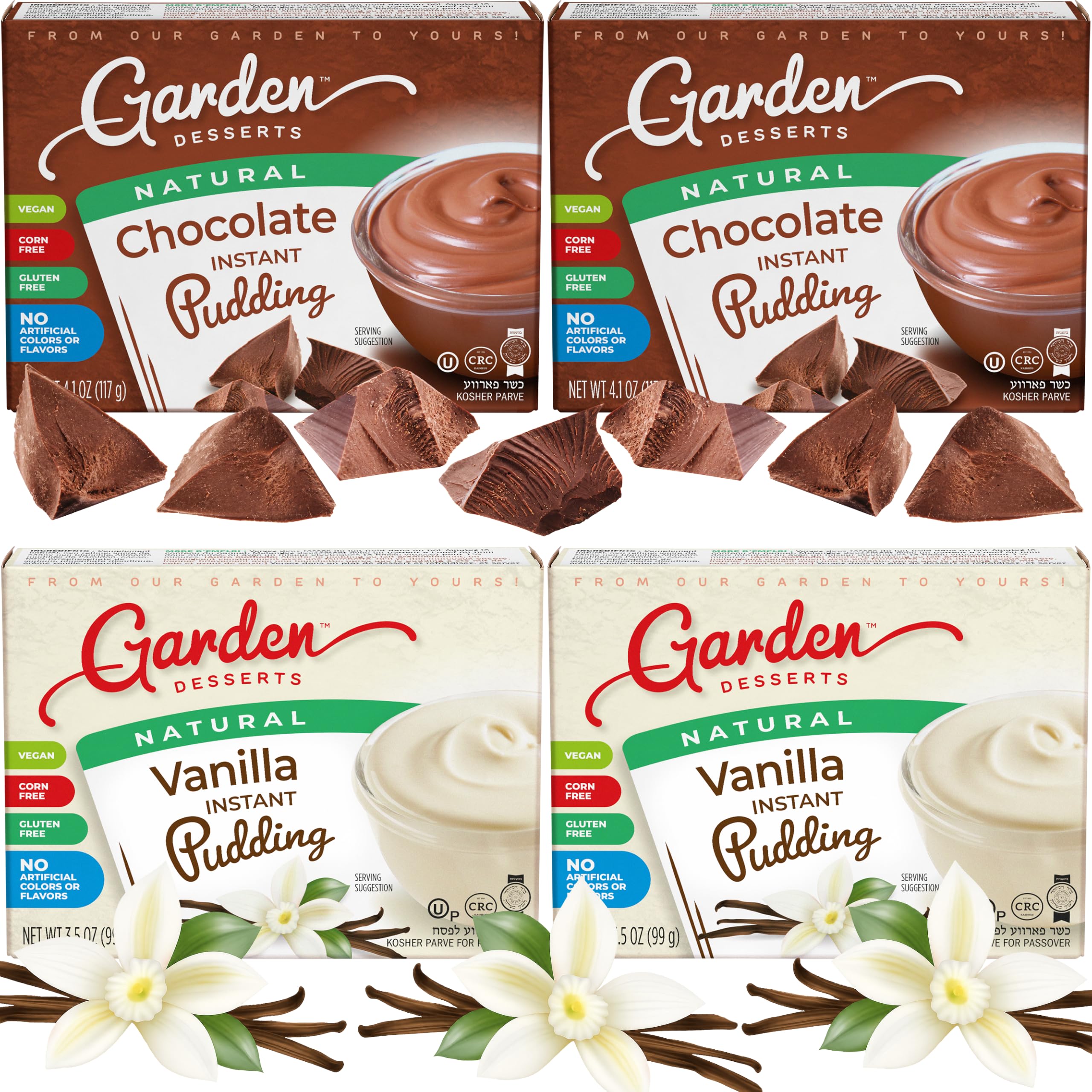 Garden Desserts front box showing flavor and vegan label for confident choice
