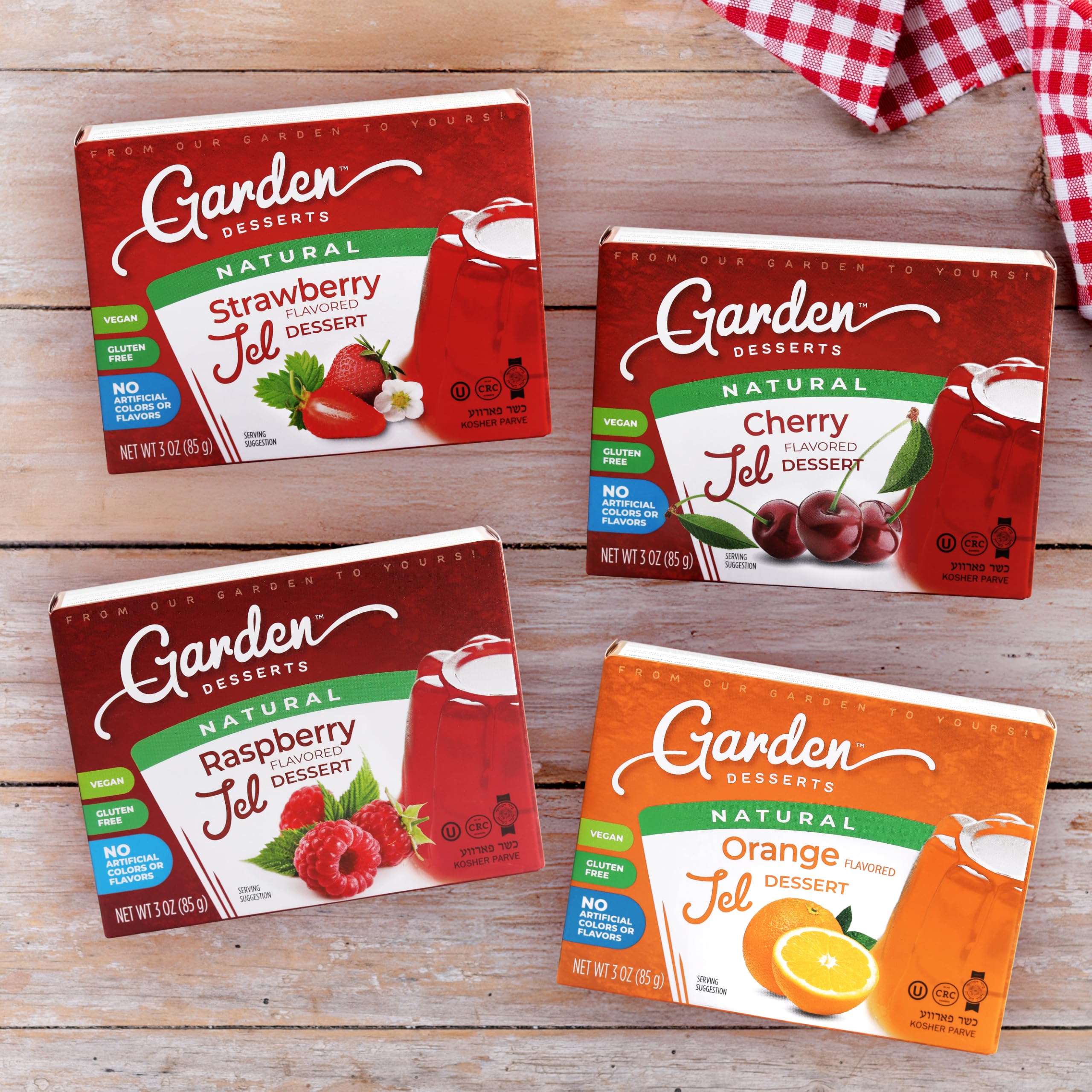 Garden Desserts ingredient label close-up displaying vegan, non-GMO, and natural details