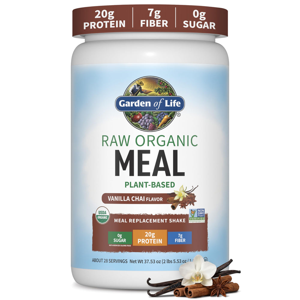 Garden of Life front packaging showing vanilla chai flavor and benefits