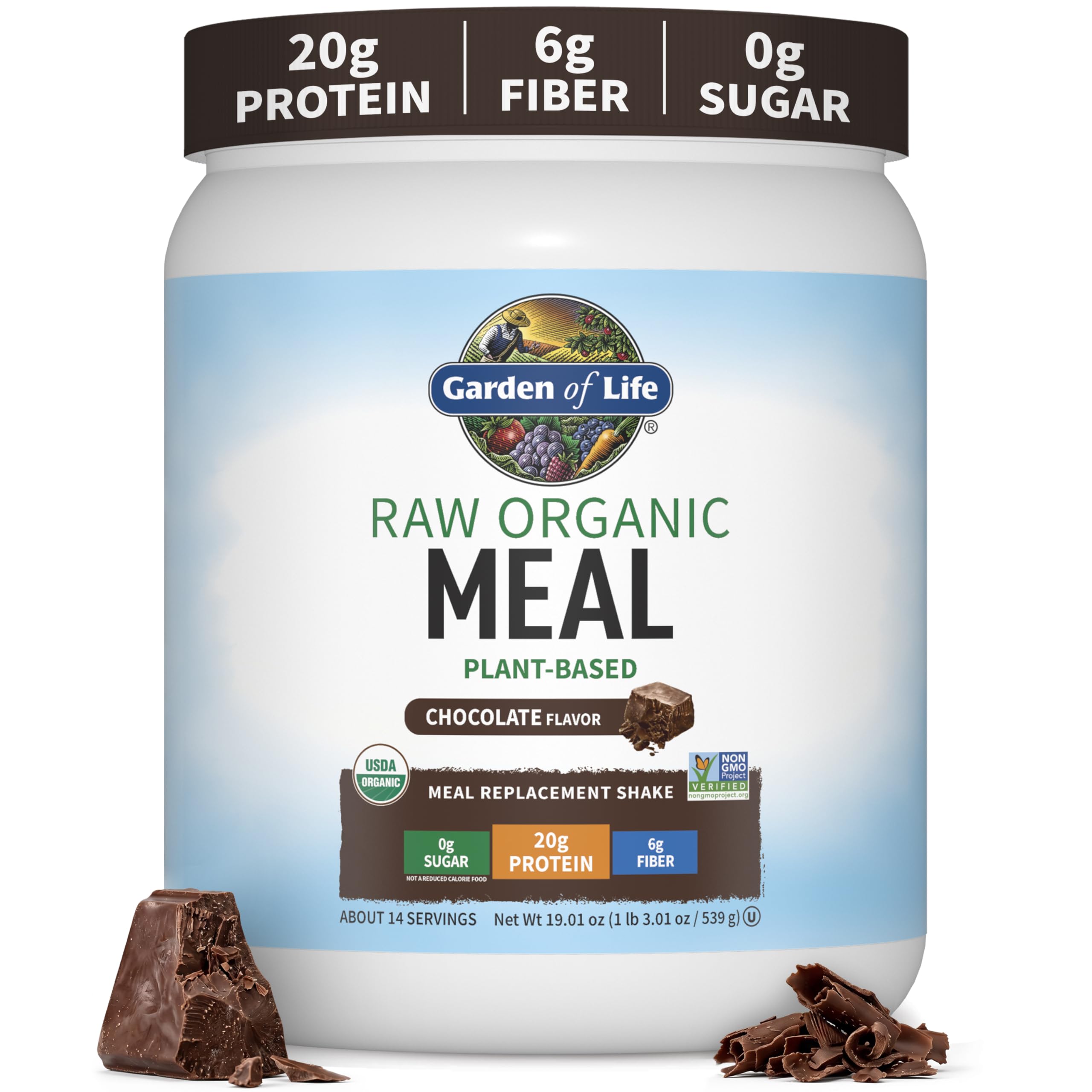 Garden of Life front packaging showing chocolate meal powder and benefits