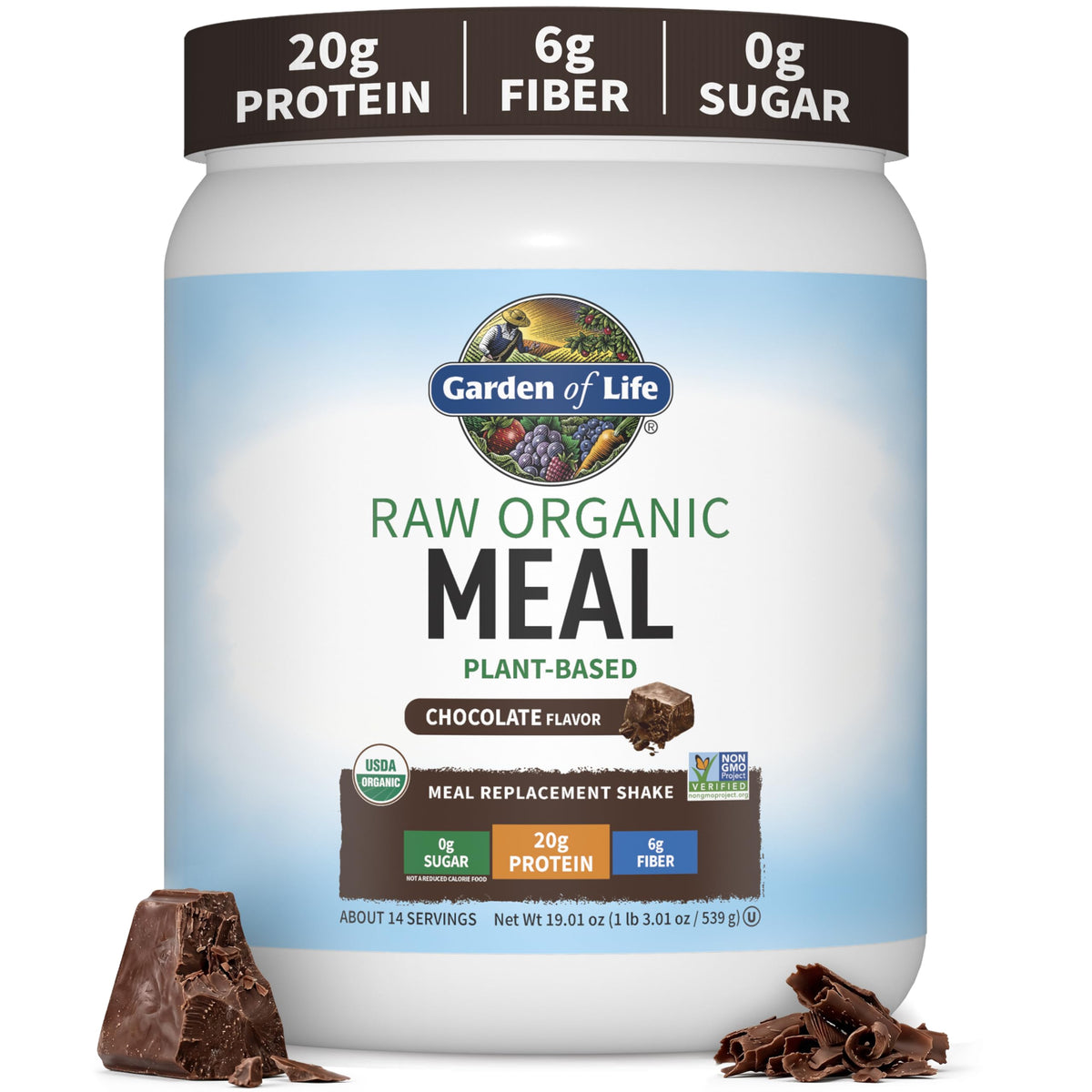 Garden of Life front packaging showing chocolate meal powder and benefits