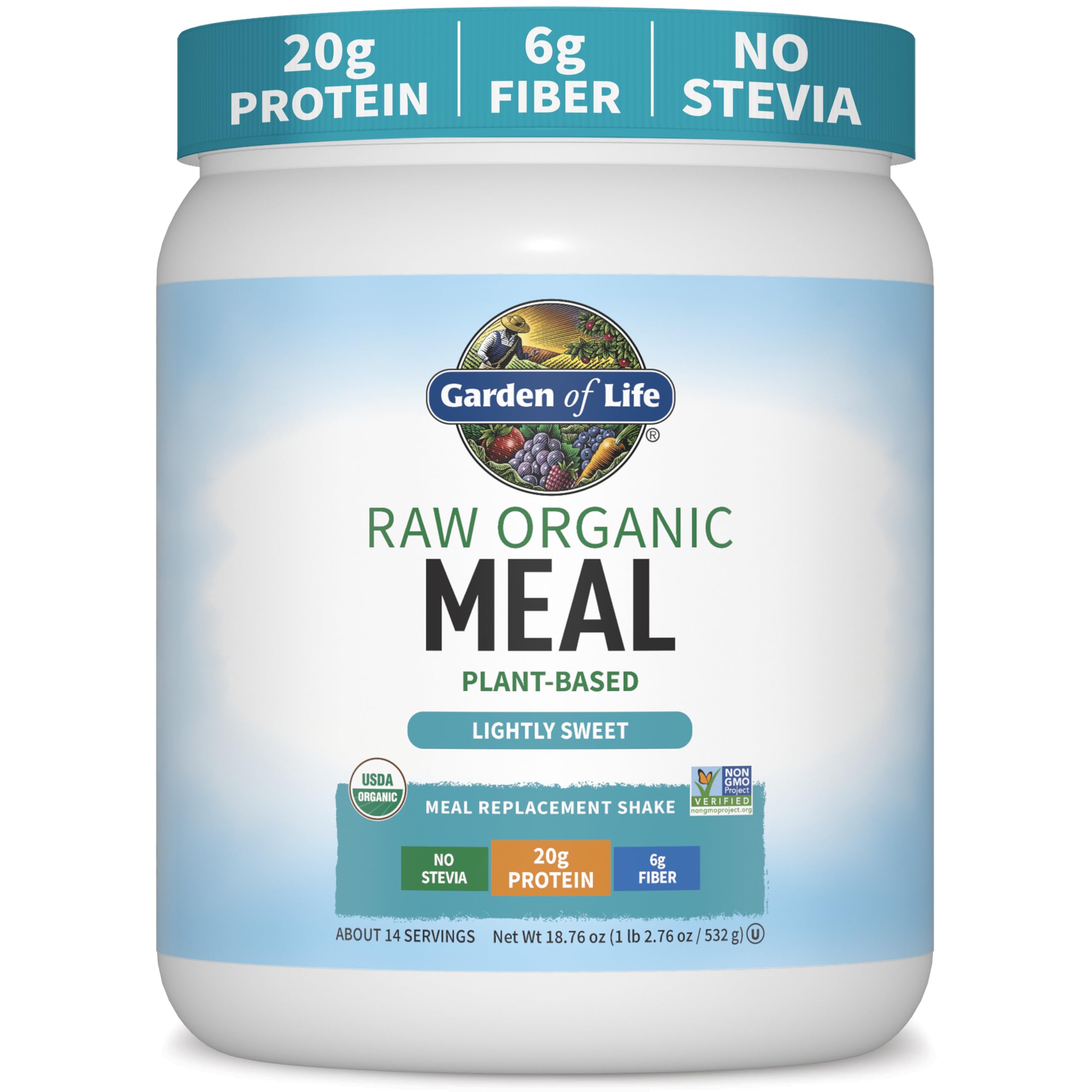 Garden of Life front can of Raw Organic Meal showing packaging and convenience