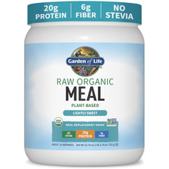 Garden of Life front can of Raw Organic Meal showing packaging and convenience