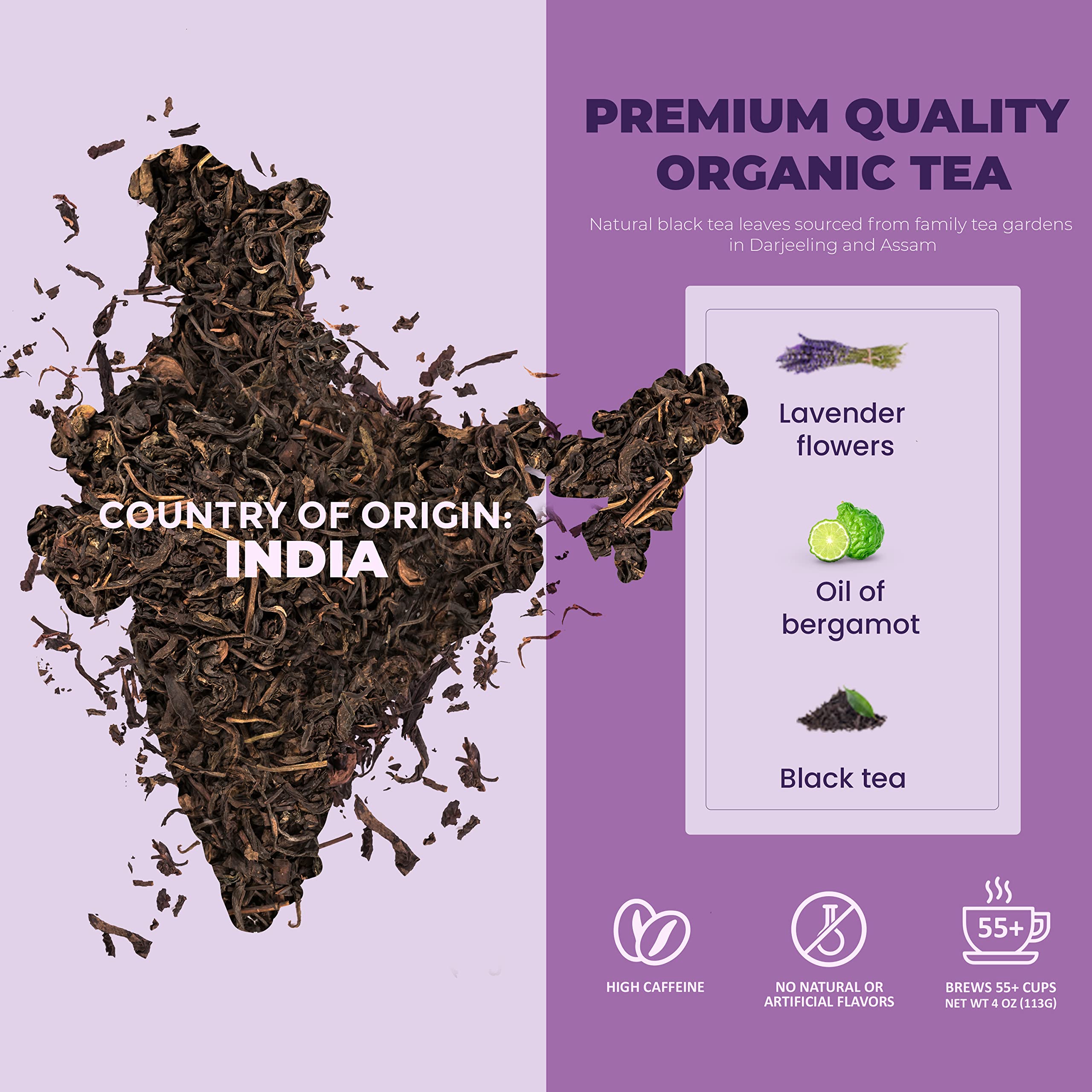 Gardenika loose leaf close-up revealing black tea leaves and bergamot oil benefit