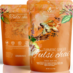 Gardenika front packaging showing organic turmeric ginger tulsi tea benefits