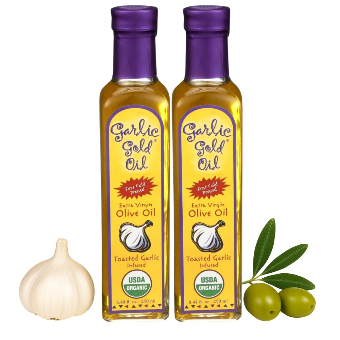Garlic Gold front label on bottle highlighting organic certification and garlic infusion benefit