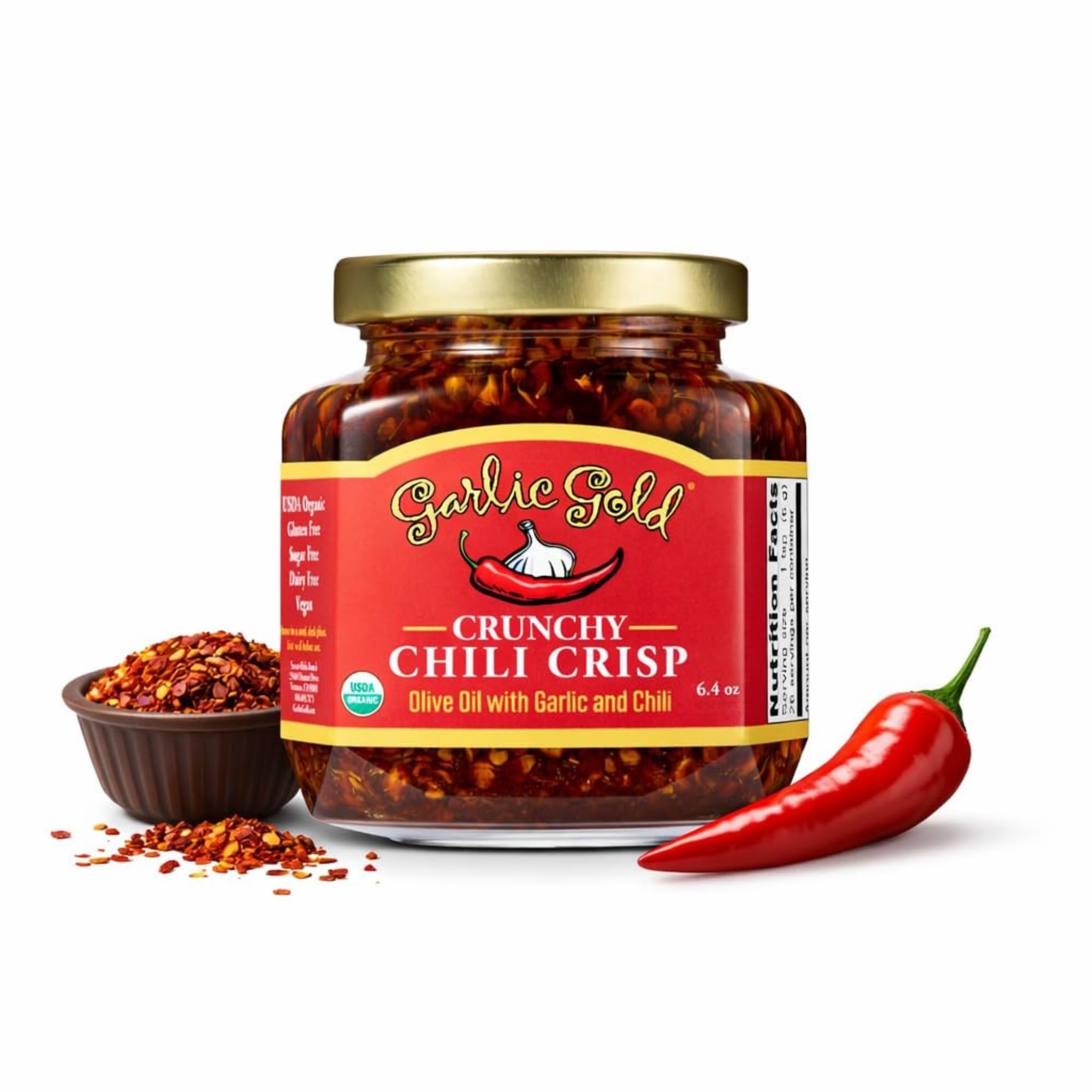 Garlic Gold front label showing organic crunchy chili crisp and benefits