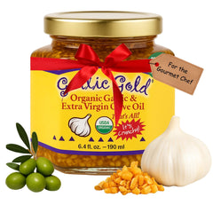Garlic Gold front packaging showing glass jar and label benefits