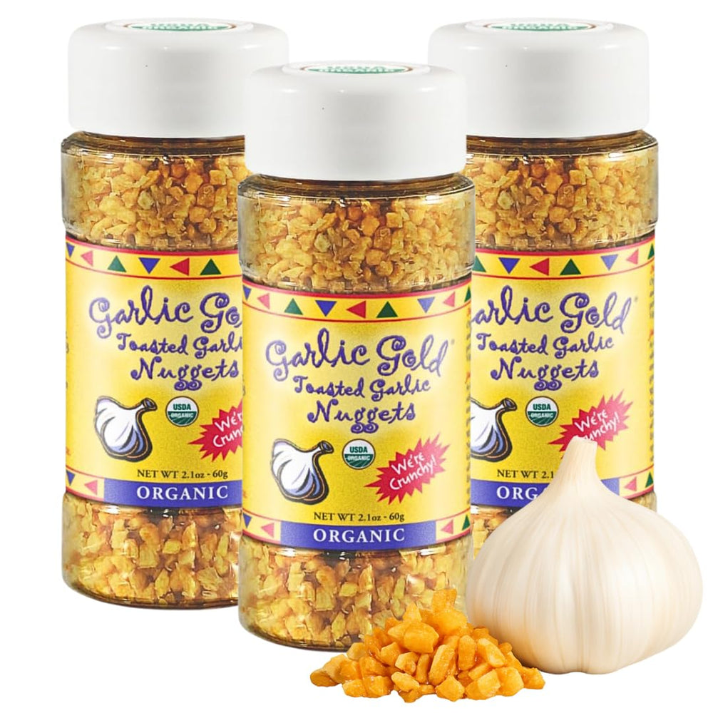 Garlic Gold front packaging showing three jars and organic label for pantry convenience