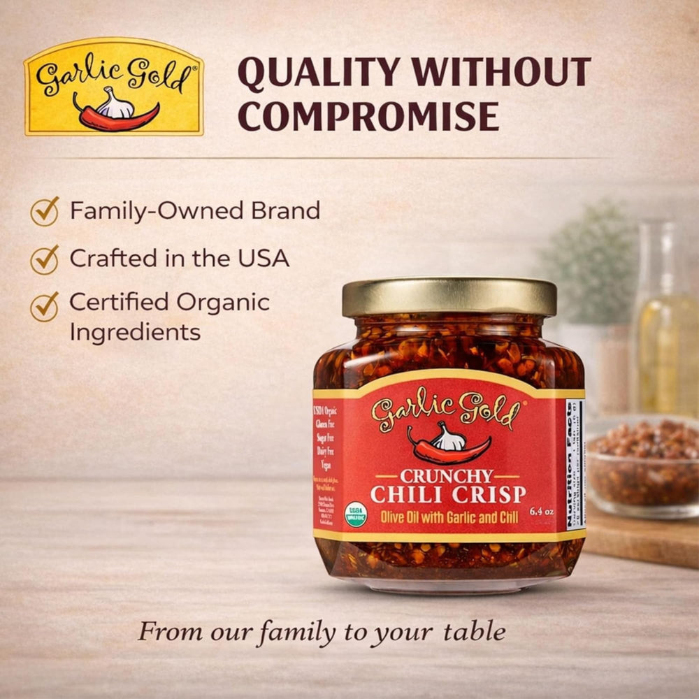 Garlic Gold ingredients spread showing organic garlic, chili, olive oil benefits
