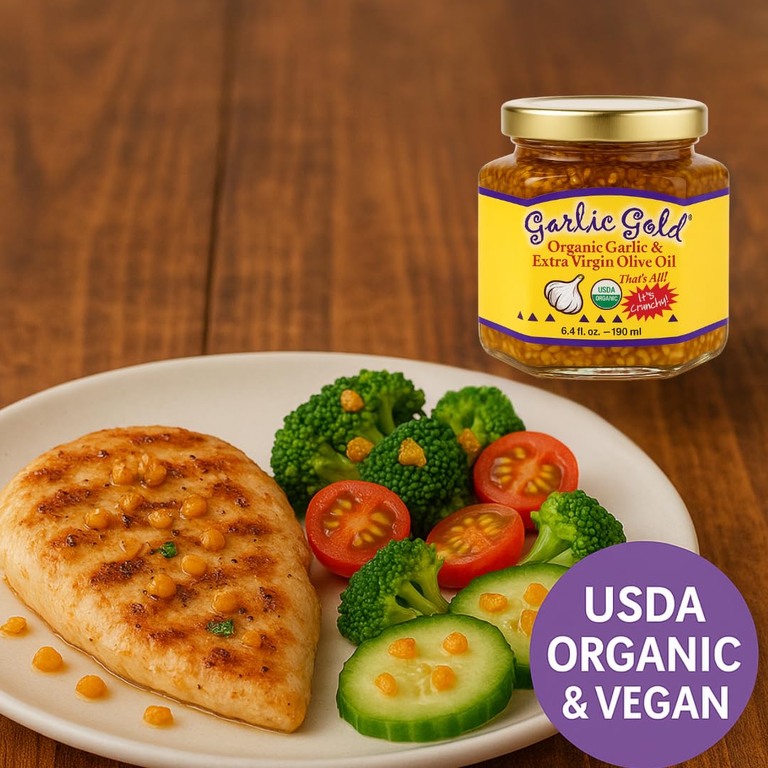 Garlic Gold label showing organic certification and clean ingredients