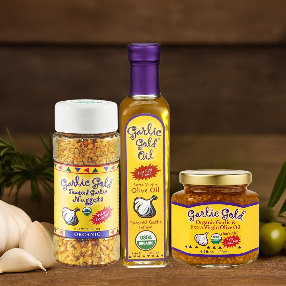 Garlic Gold being poured into a pan demonstrating easy garlic flavoring benefit