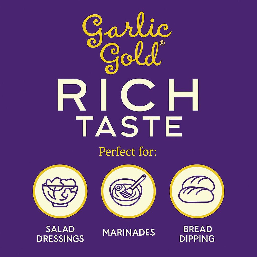 Garlic Gold being poured from bottle to dress a dish for instant garlic aroma
