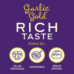 Garlic Gold being poured from bottle to dress a dish for instant garlic aroma