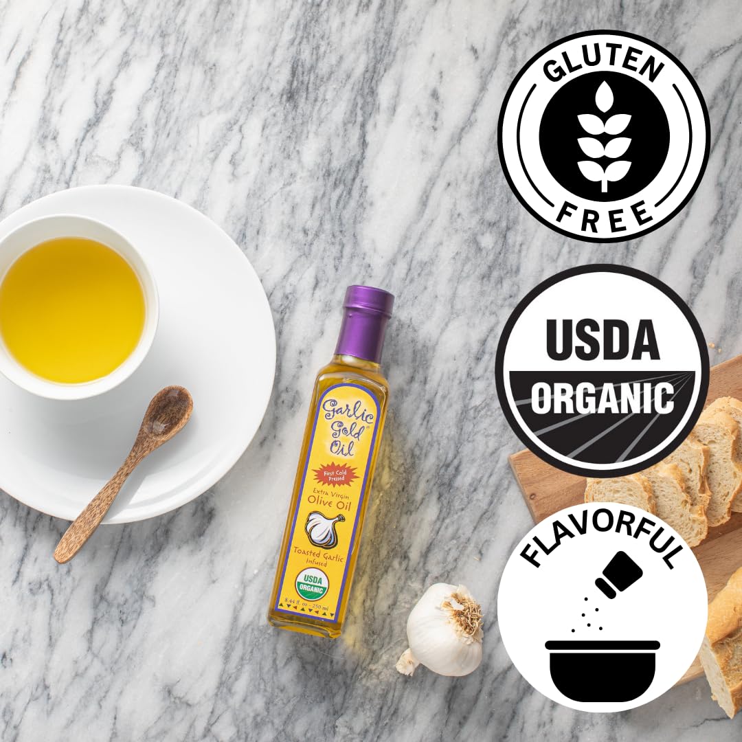Garlic Gold bottle next to a measuring cup showing 8.44 fl oz scale benefit