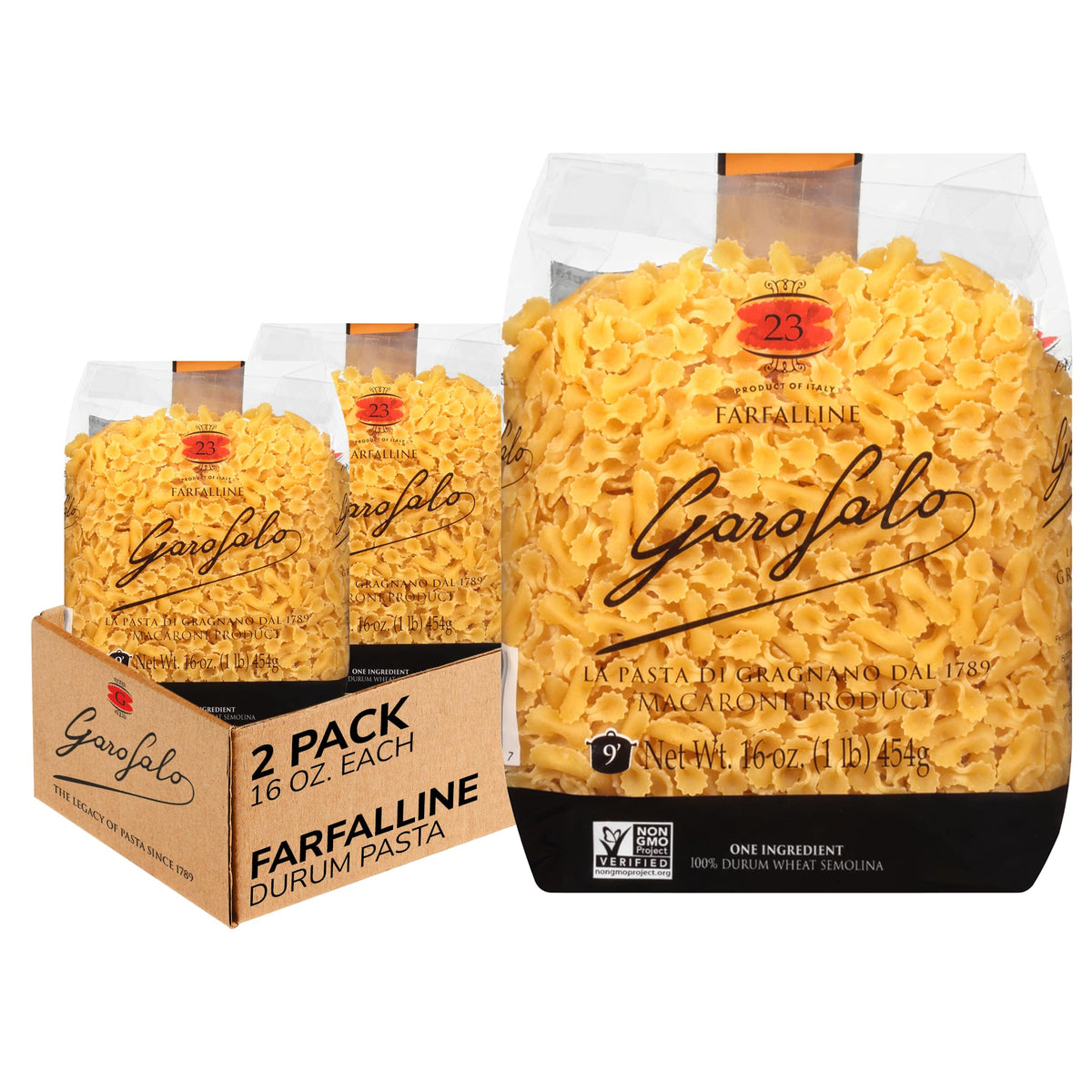 Garofalo front packaging showing clear bag and premium pasta quality