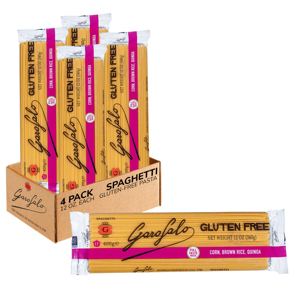 GAROFALO front packaging showing gluten-free spaghetti and premium branding benefit