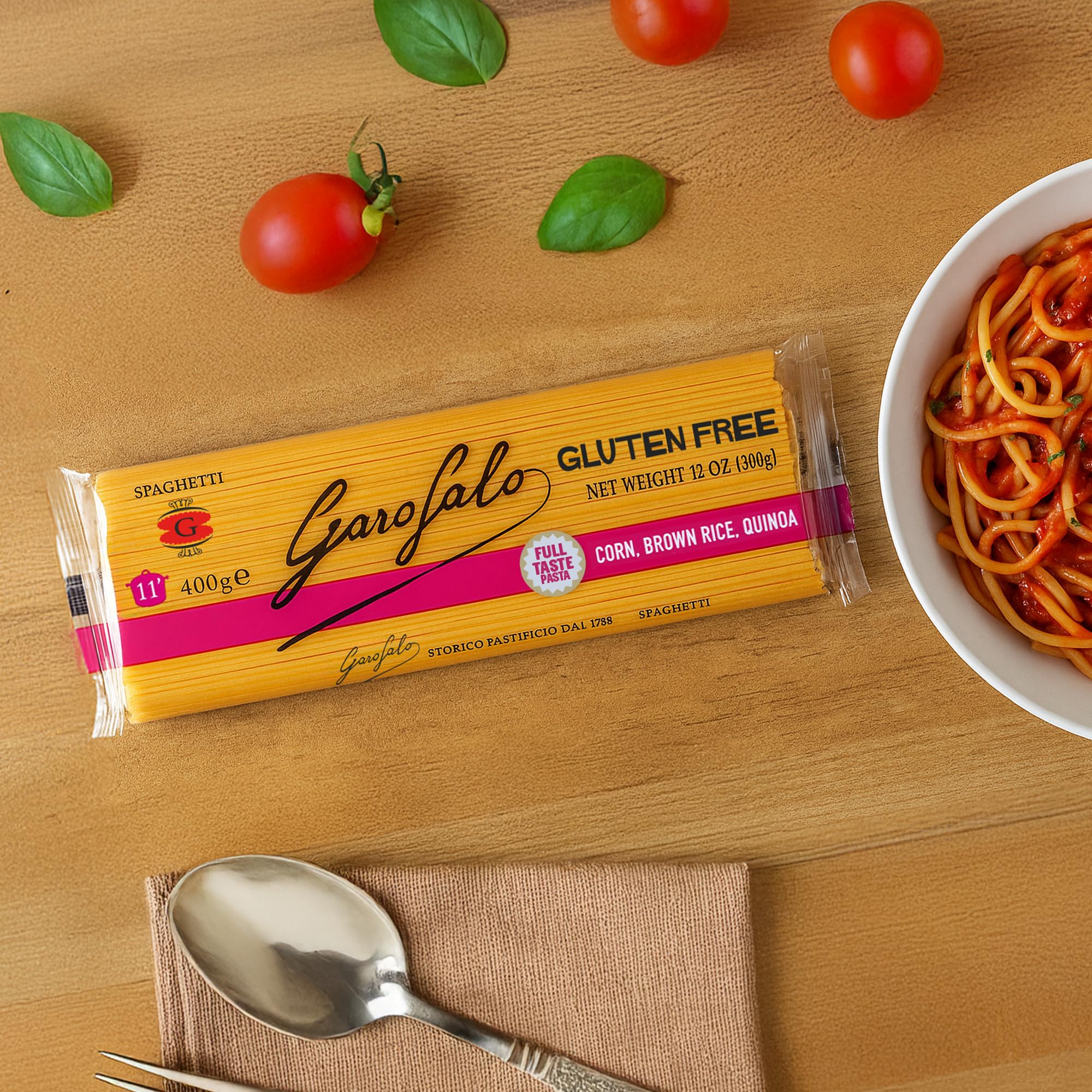Garofalo spaghetti portion next to hand for scale and serving guidance