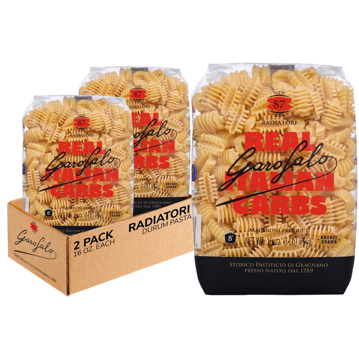 Garofalo front packaging showing Radiatori two-pack and authentic Italian origin